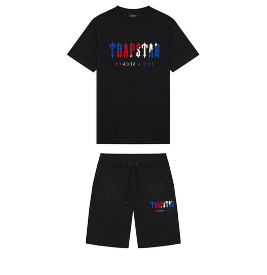 TRAPSTAR CHENILLE DECODED SHORTS SET - BLACK RED BLUE